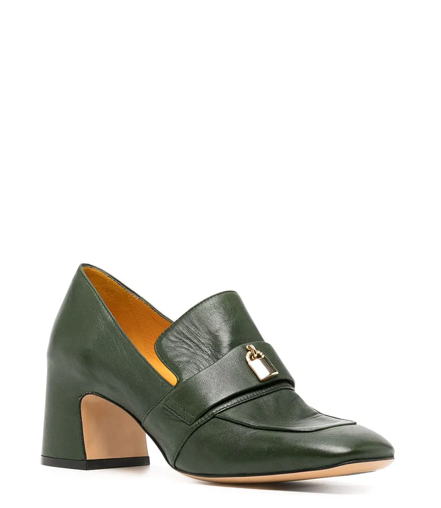 Green Leather Lock Heel Loafer