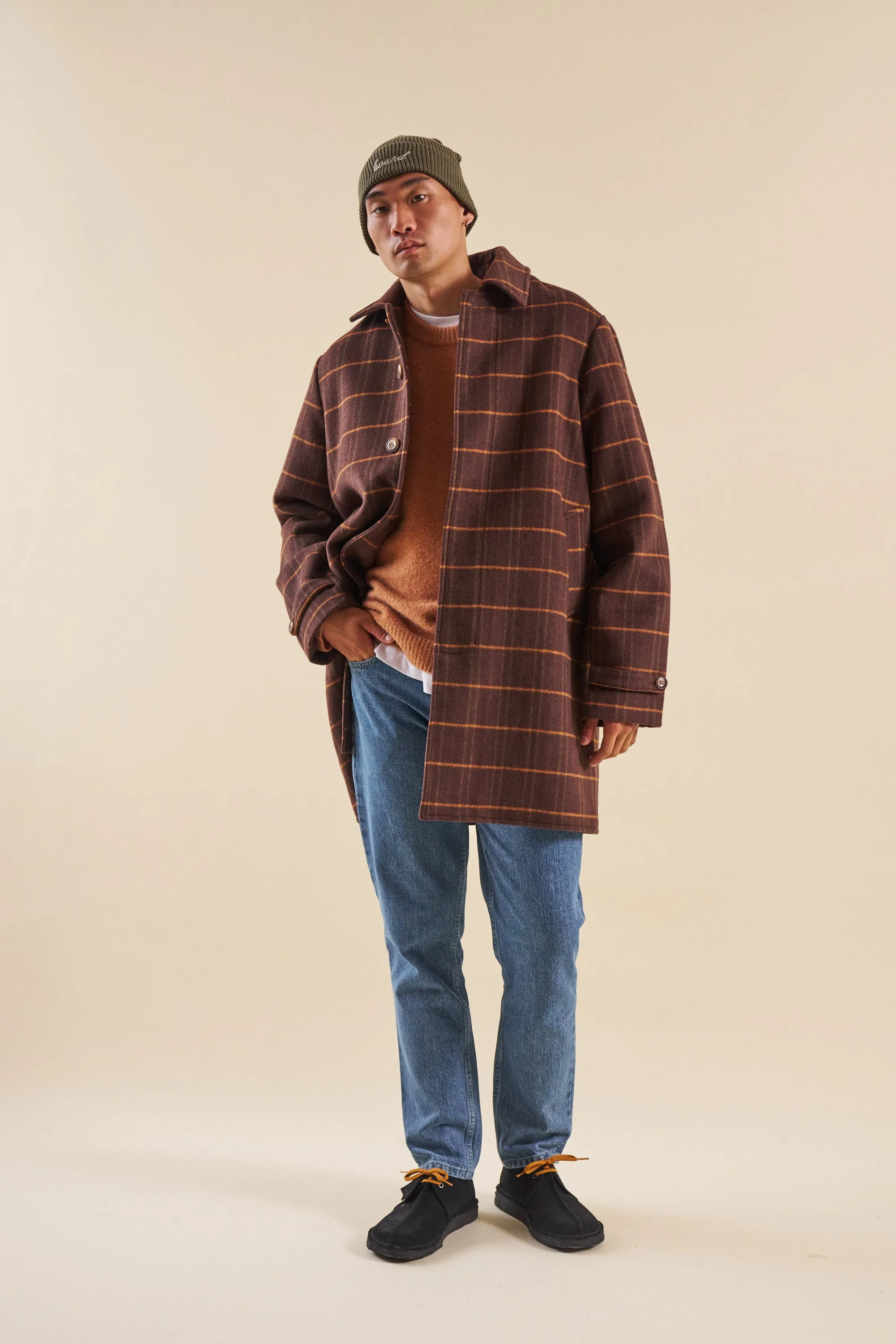 KAITO CHECK BROWN WOOL COAT