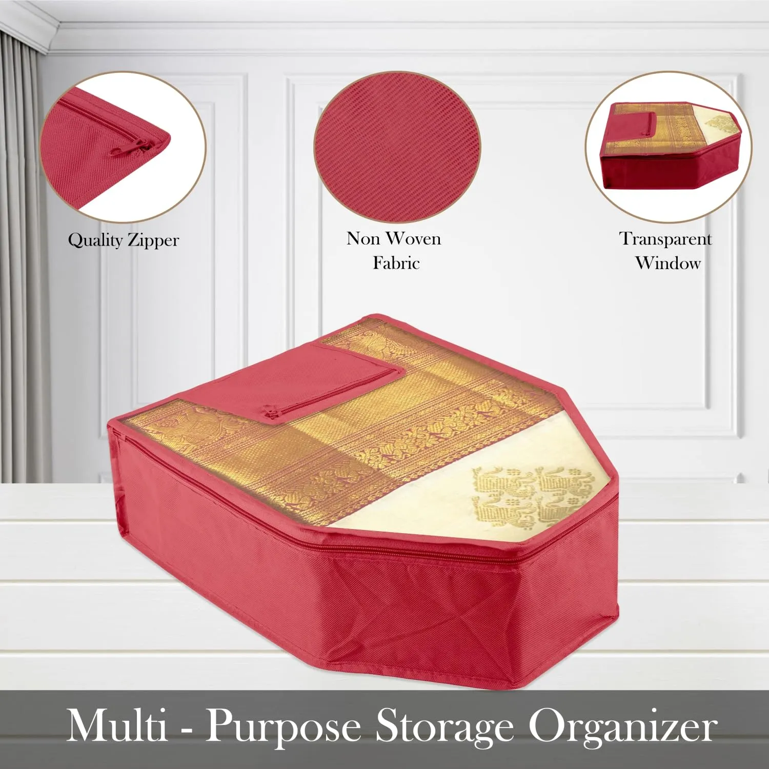 Kuber Industries Blouse Cover | Clothes Storage Bag | Zipper Wardrobe Organizers | Clothes Organiser with Attached Pocket | Non-Woven Front Transparent Blouse Cover | Pack of 12 | Maroon