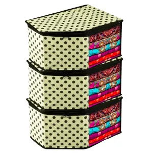 Kuber Industries Blouse Cover | Clothes Storage Bag | Zipper Wardrobe Organizers | Non-Woven Clothes Organiser | Side Transparent Blouse Organizer | Dot-Design | Pack of 3 | Cream