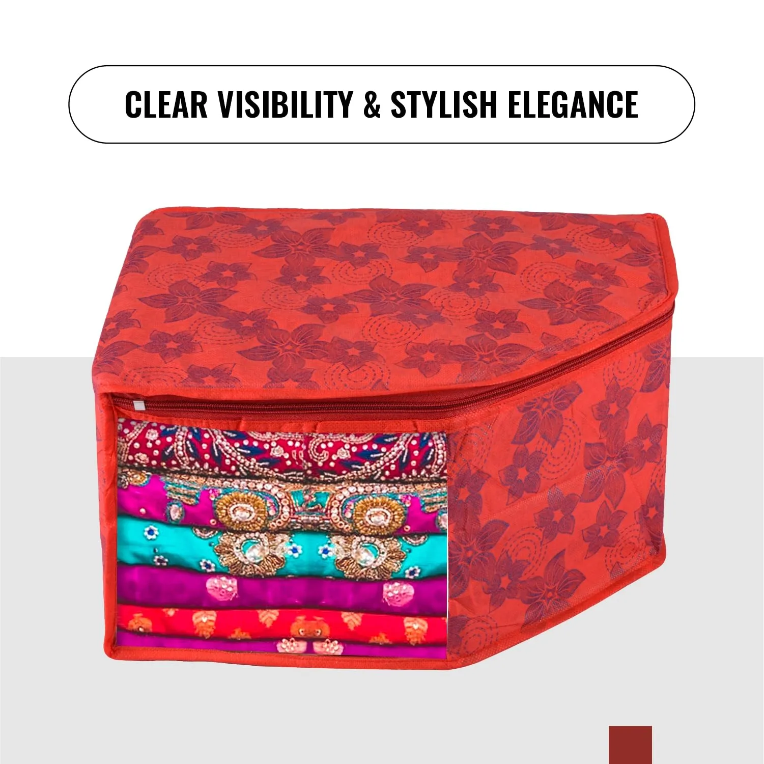 Kuber Industries Blouse Cover | Clothes Storage Bag | Zipper Wardrobe Organizers | Non-Woven Clothes Organiser | Side Transparent Blouse Organizer | New Flower-Design | Pack of 9 | Red