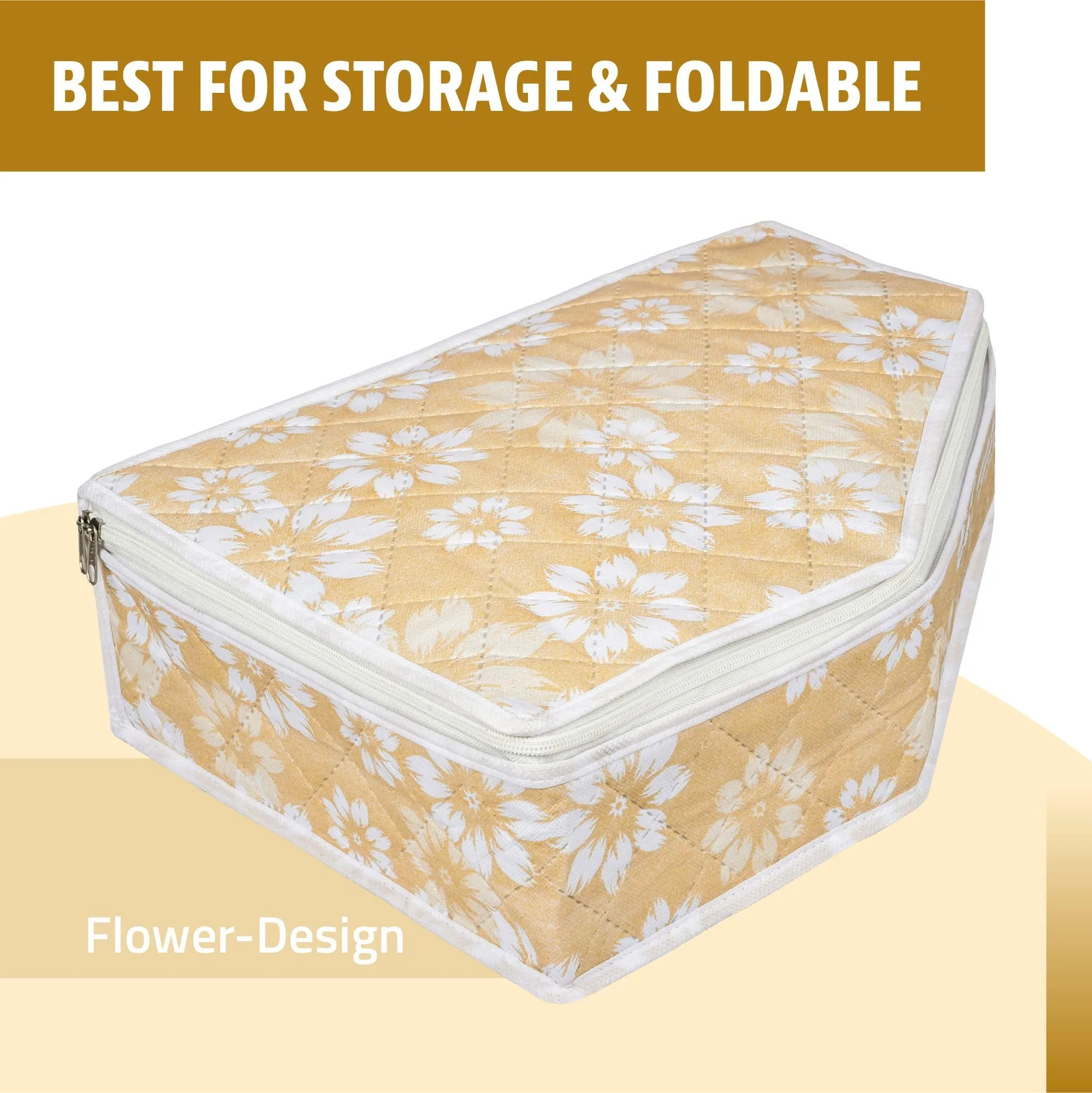 Kuber Industries Blouse Storage Bag | Waterproof Blouse Bag | Side Visible Window Bag | Wardrobe Clothes Organizer | Blouse Protector Bag | Flower Quilted Storage Bag | Pack of 2 | Golden