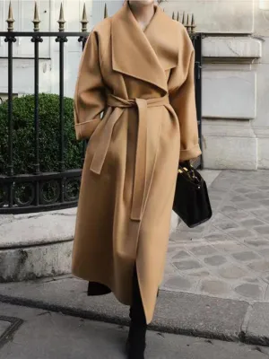 Lapel Double Face Wool Wrap Coat - Camel