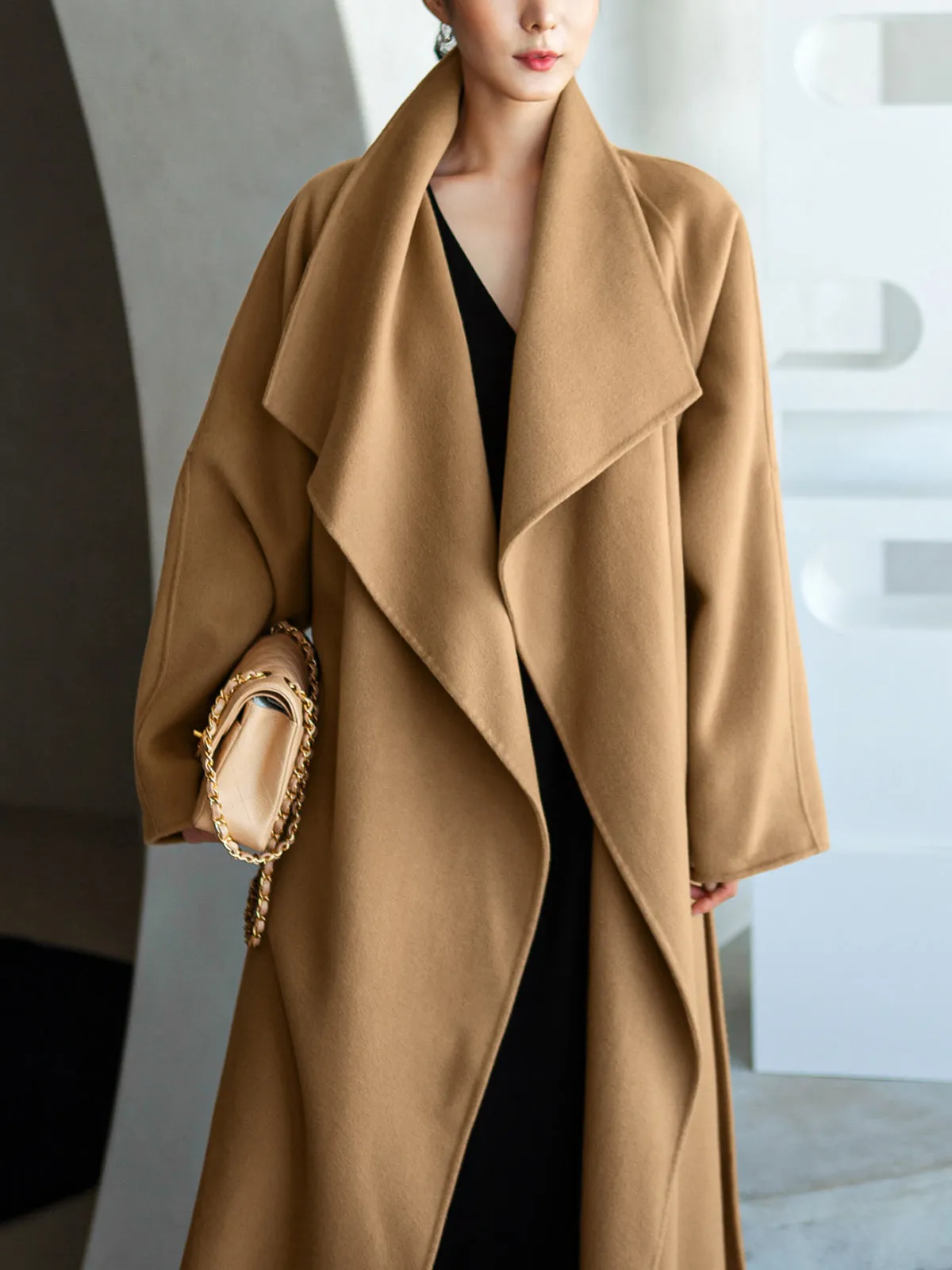 Lapel Double Face Wool Wrap Coat - Camel