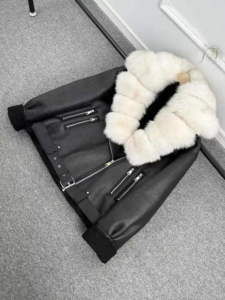 Luxurious Women's Eco-Leather Sheepskin Coat with Natural Fur