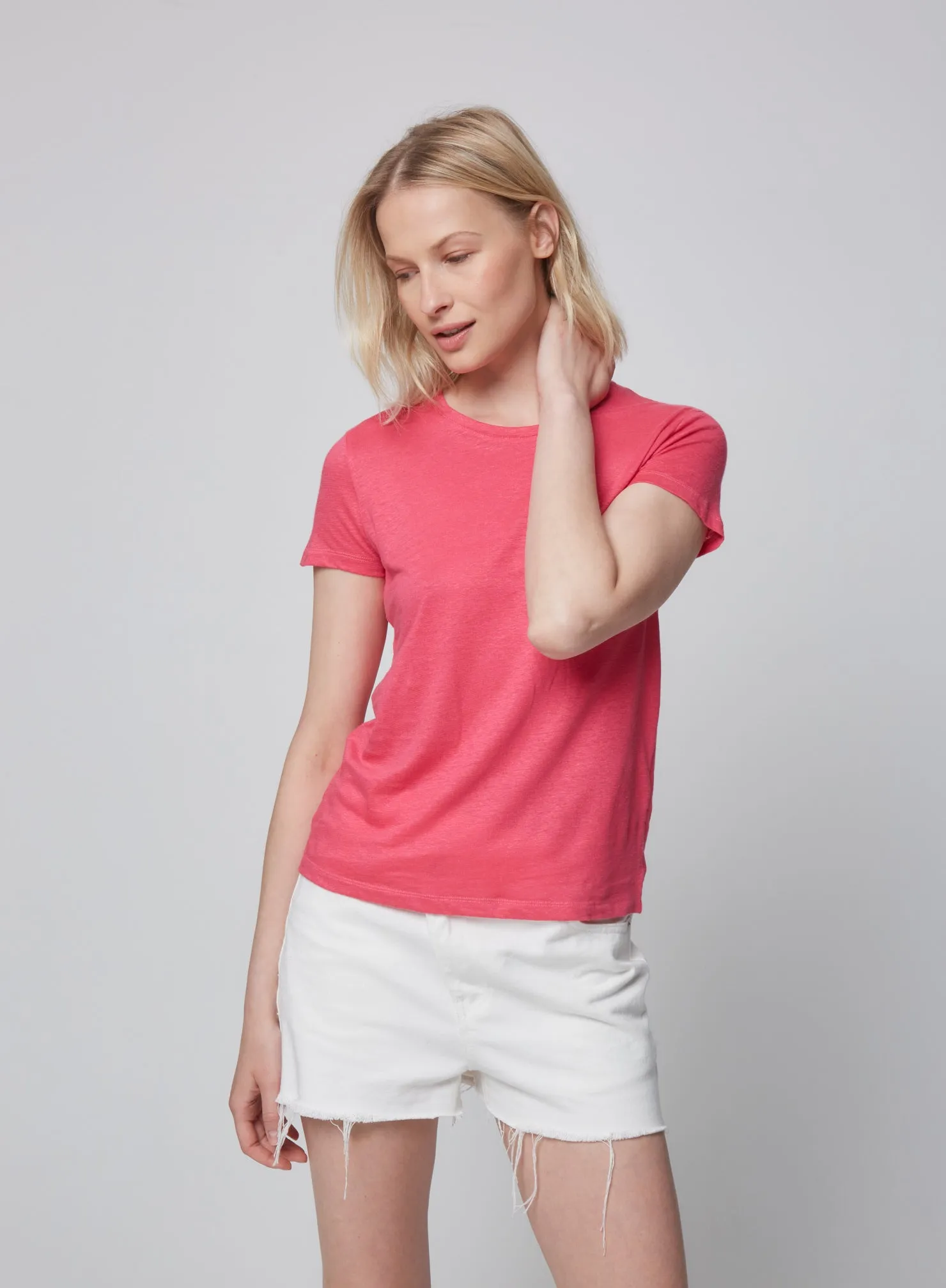 Majestic Linen Short Sleeve Crew Tee in Flamingo