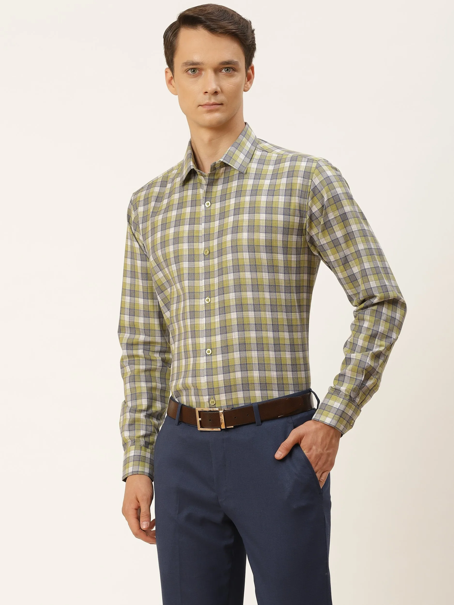 Mens Cotton Green & Blue Checked Formal Shirt - Sojanya