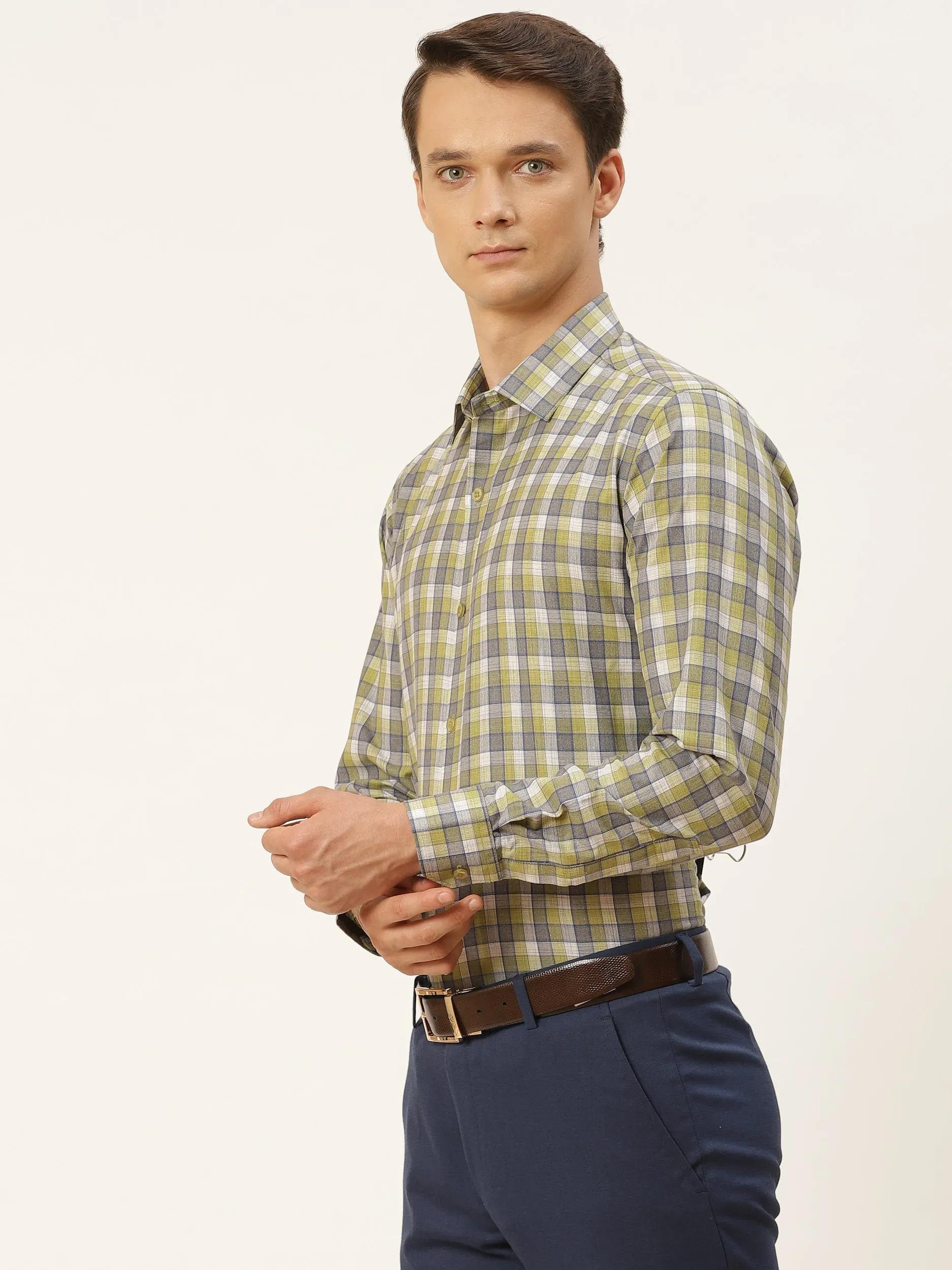 Mens Cotton Green & Blue Checked Formal Shirt - Sojanya