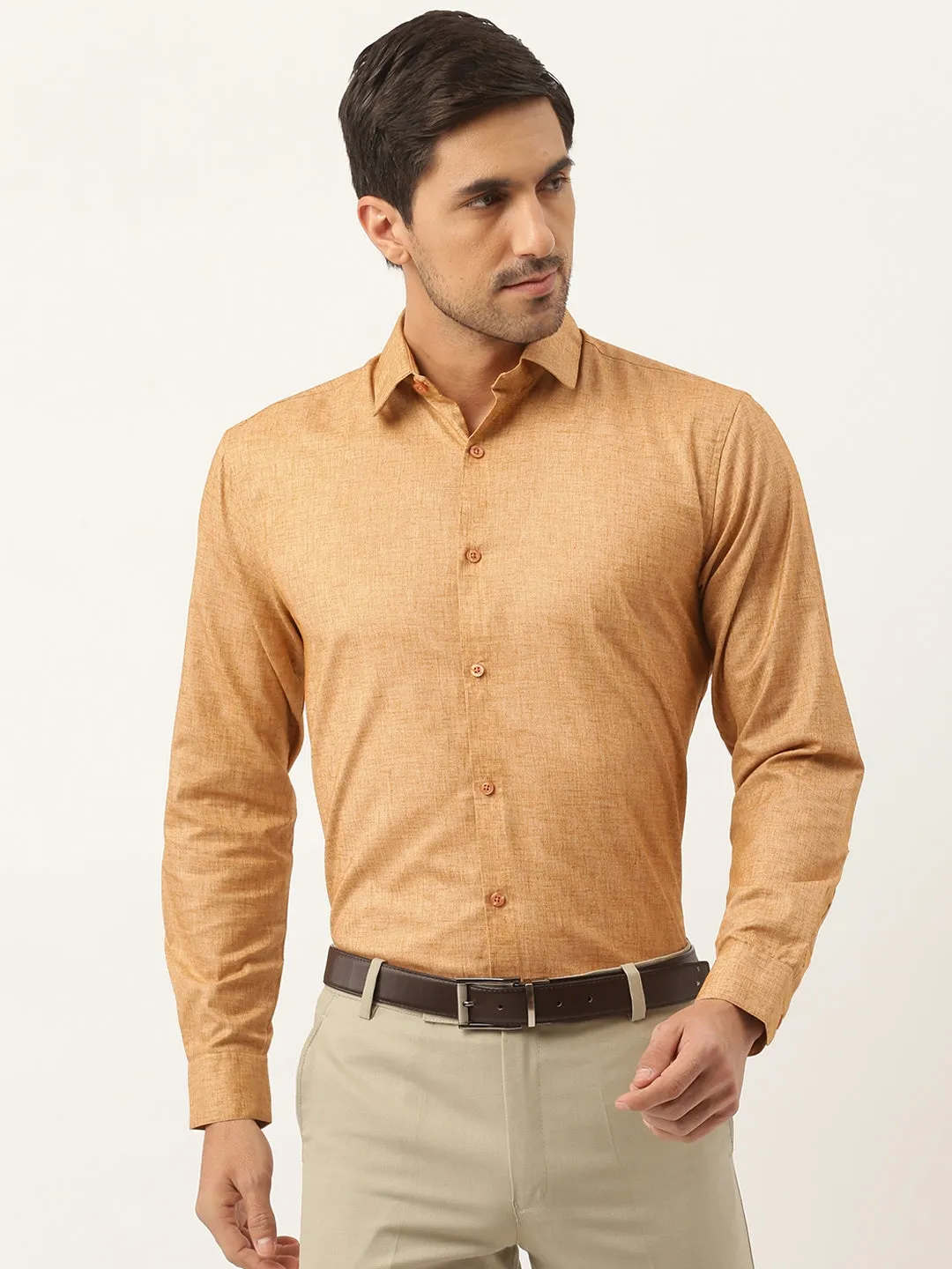 Mens Cotton Linen Mustard Solid Formal Shirt - Sojanya