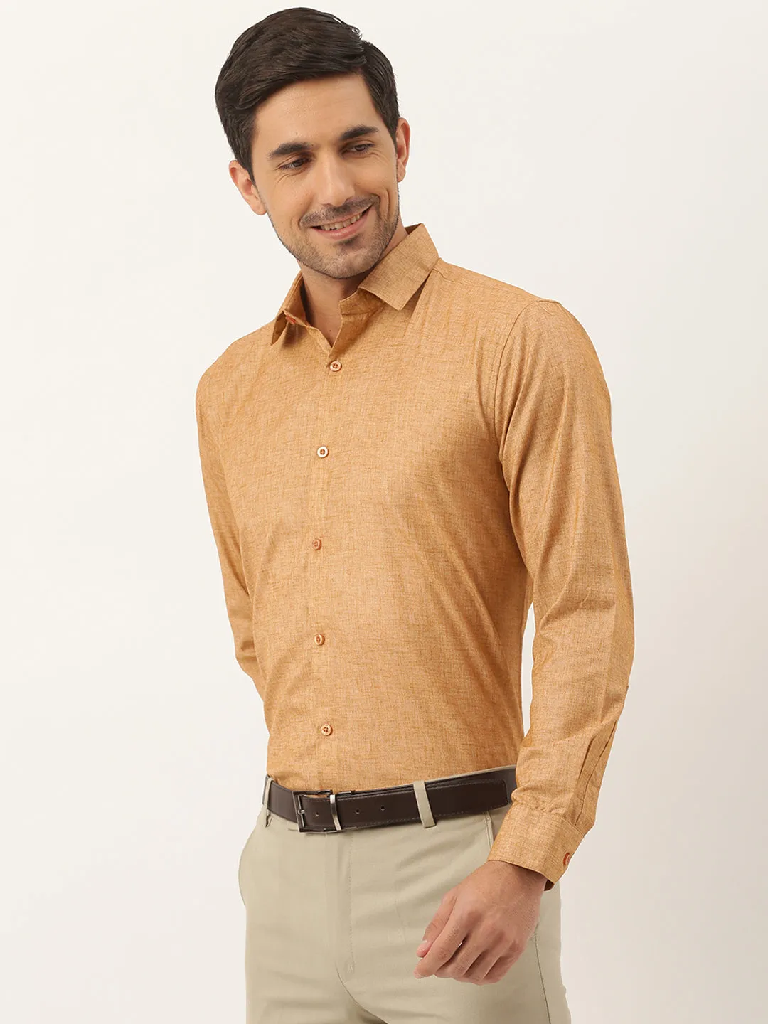 Mens Cotton Linen Mustard Solid Formal Shirt - Sojanya