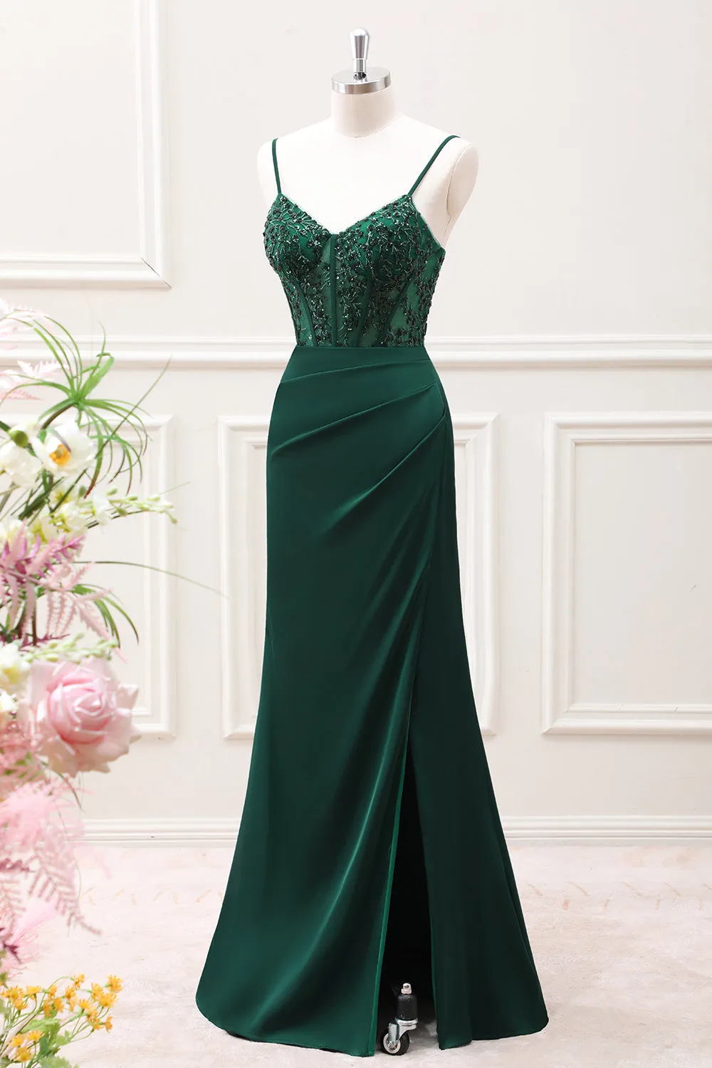 Mermaid Dark Green Corset Satin Maxi Dress with Slit