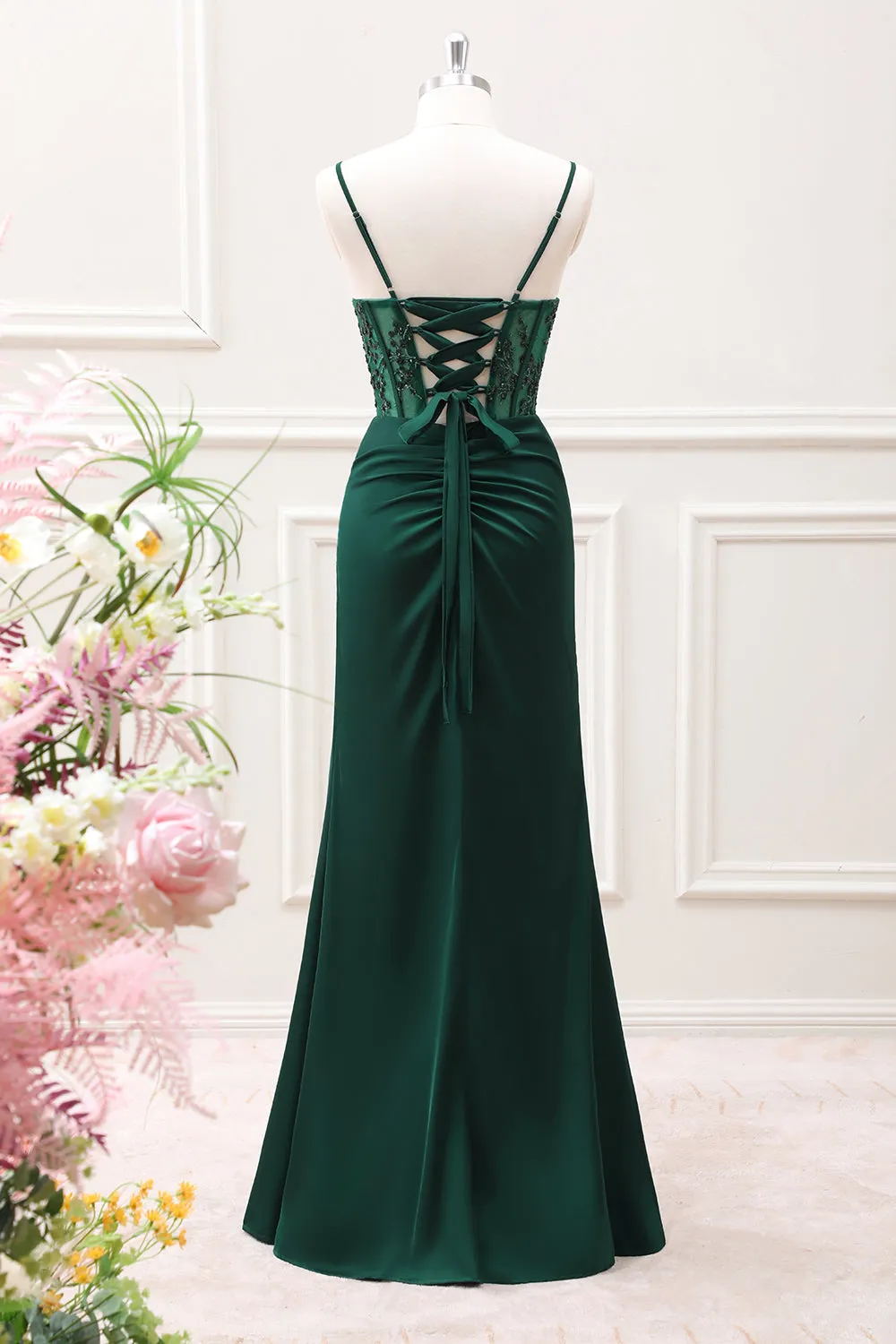 Mermaid Dark Green Corset Satin Maxi Dress with Slit