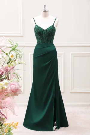 Mermaid Dark Green Corset Satin Maxi Dress with Slit