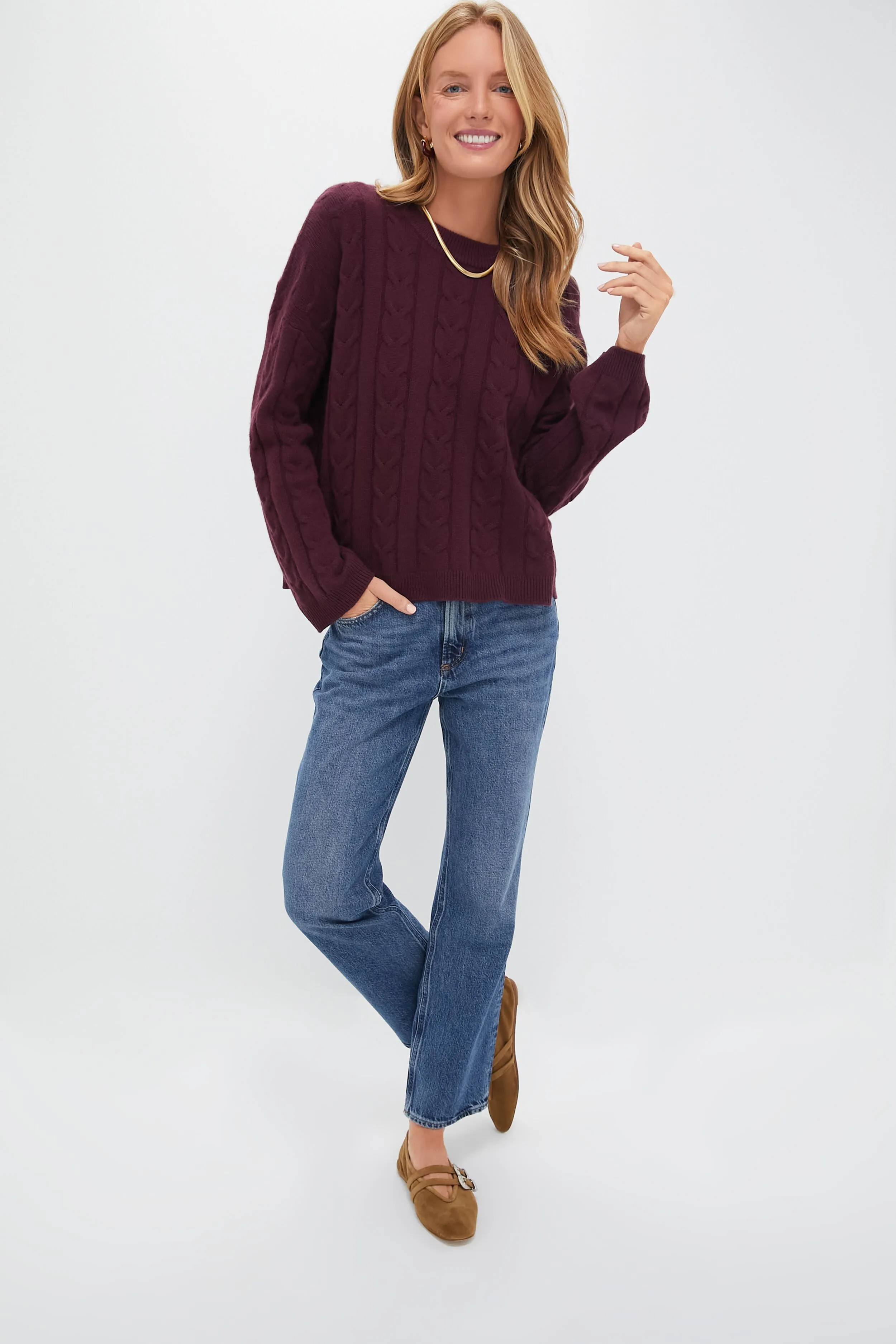 Oxblood Cashmere Eloise Cable Knit Boyfriend Crewneck