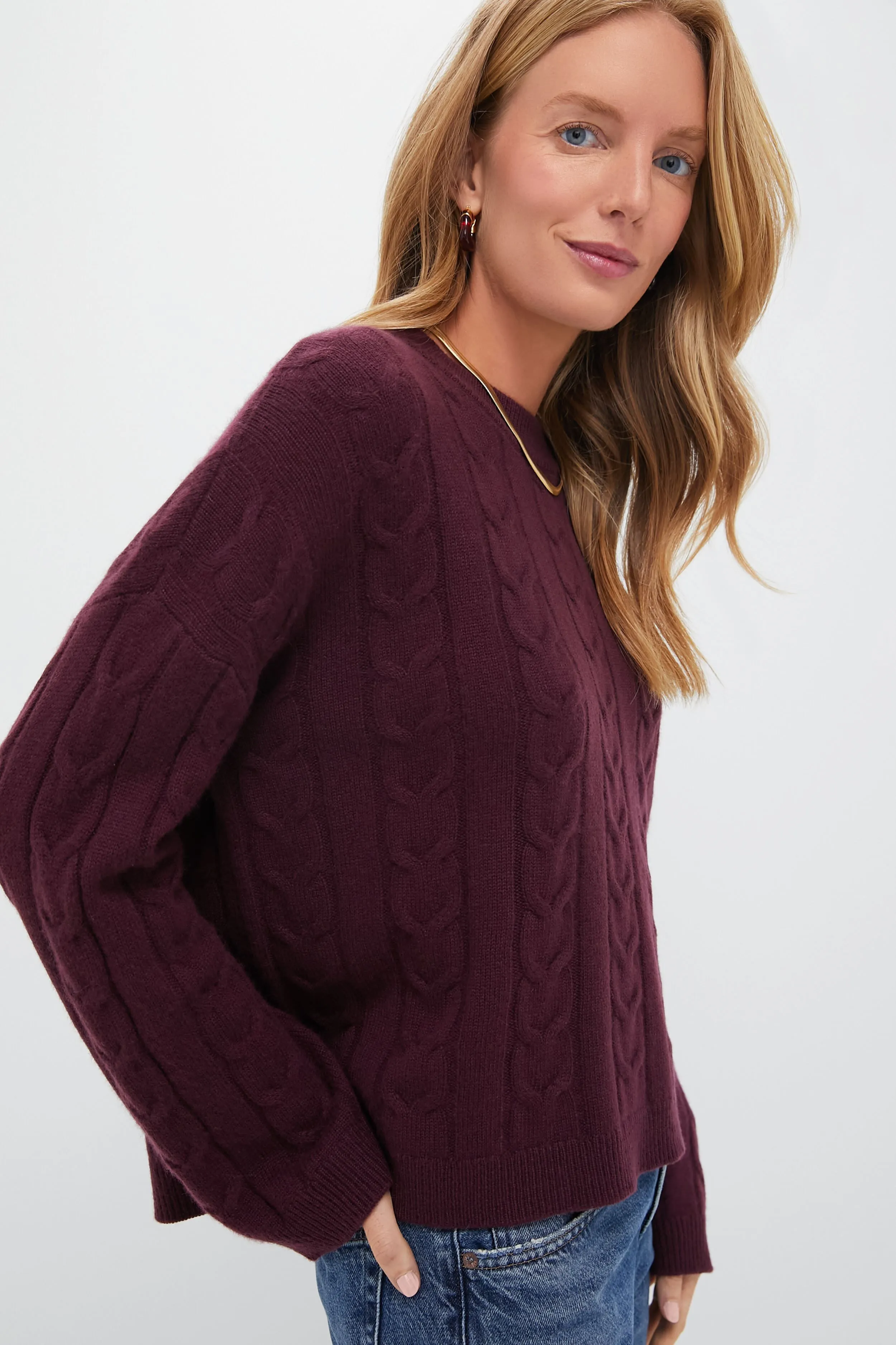 Oxblood Cashmere Eloise Cable Knit Boyfriend Crewneck