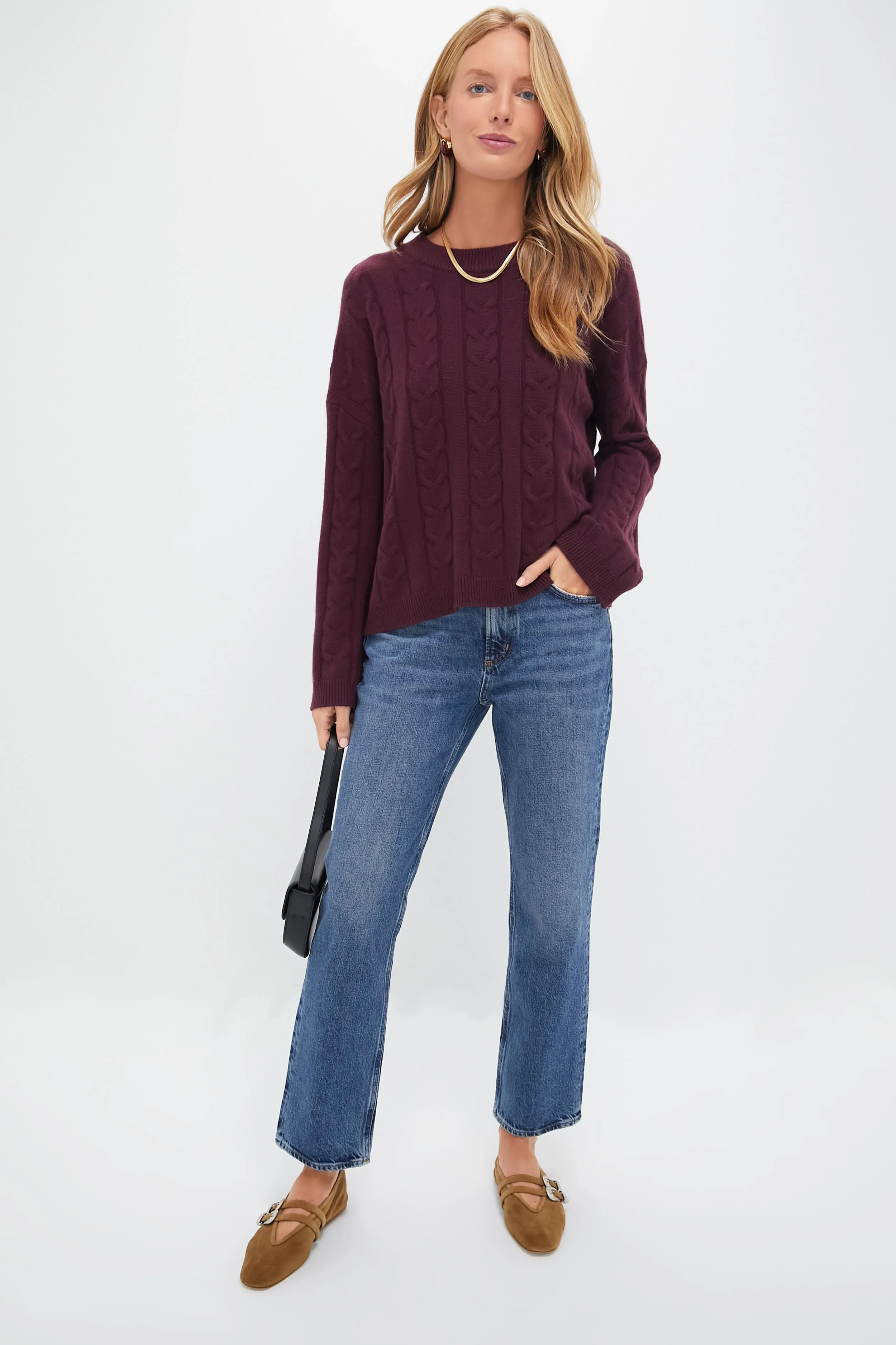 Oxblood Cashmere Eloise Cable Knit Boyfriend Crewneck