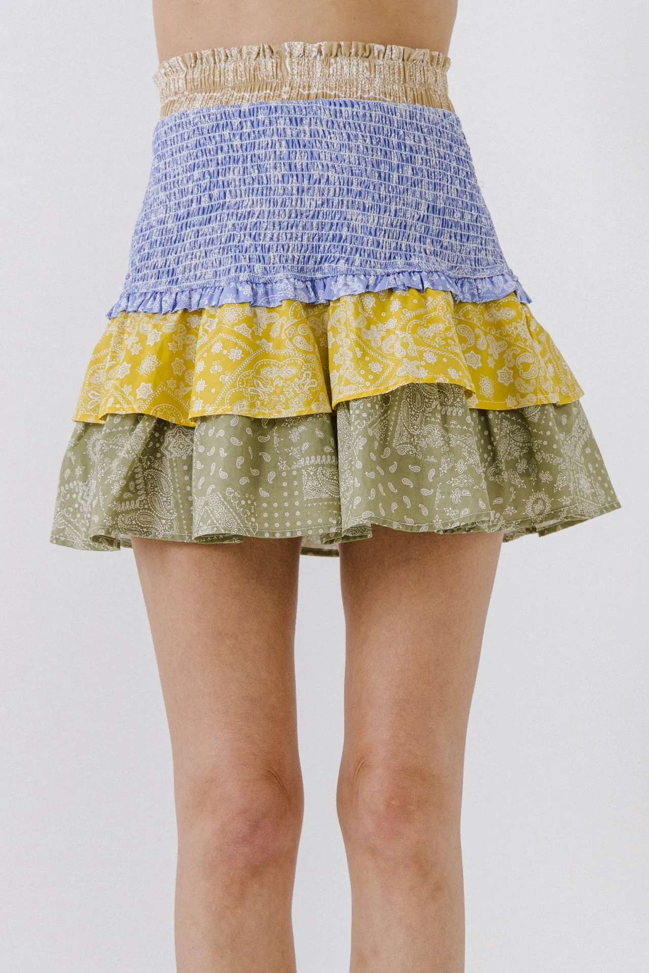 Paisley Colorblock Ruffled Mini Skirt