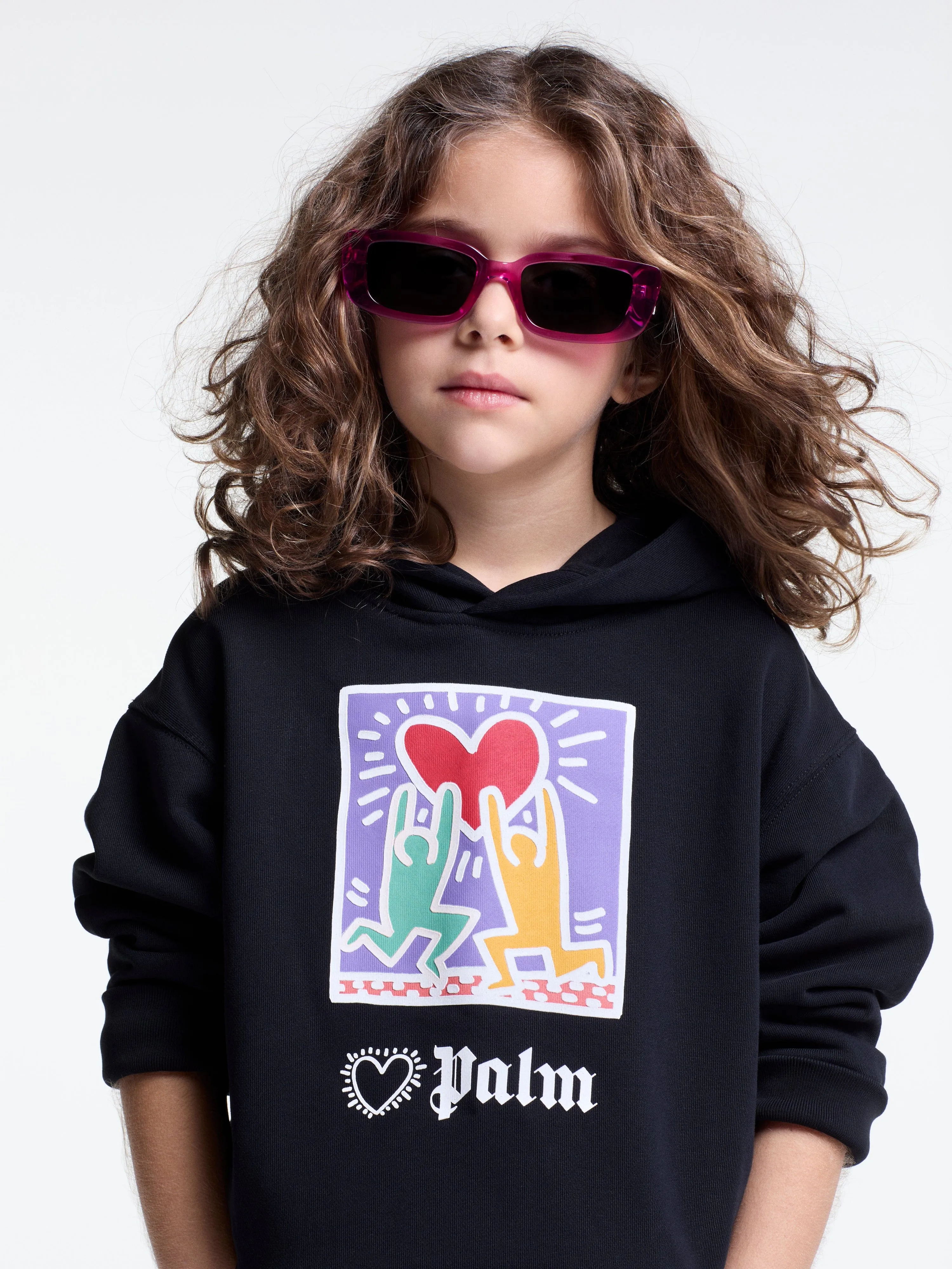 Palm Angels Girls PA X Keith Haring Holding Heart Hoodie in Black