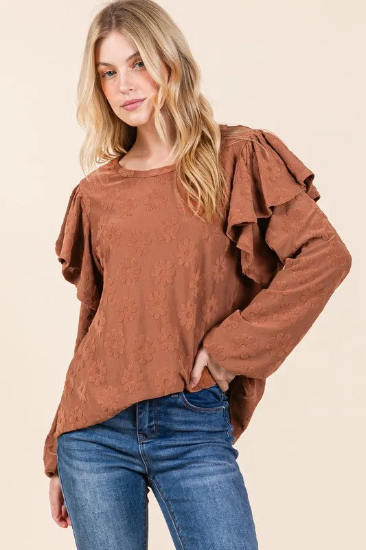 Ruffled Flower Round Neck Blouse