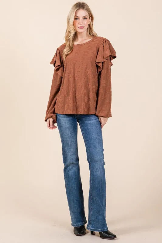 Ruffled Flower Round Neck Blouse