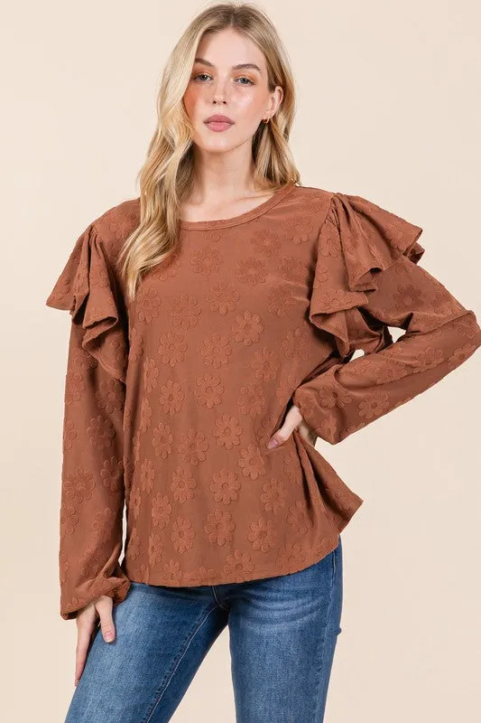 Ruffled Flower Round Neck Blouse