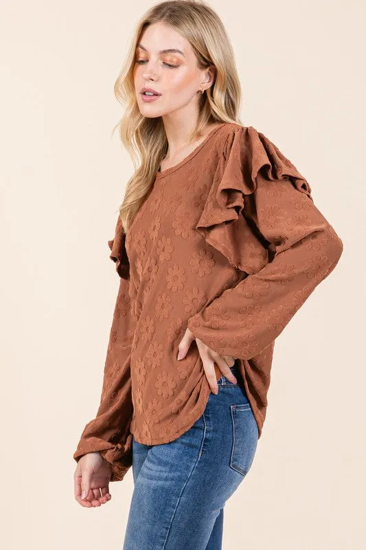 Ruffled Flower Round Neck Blouse