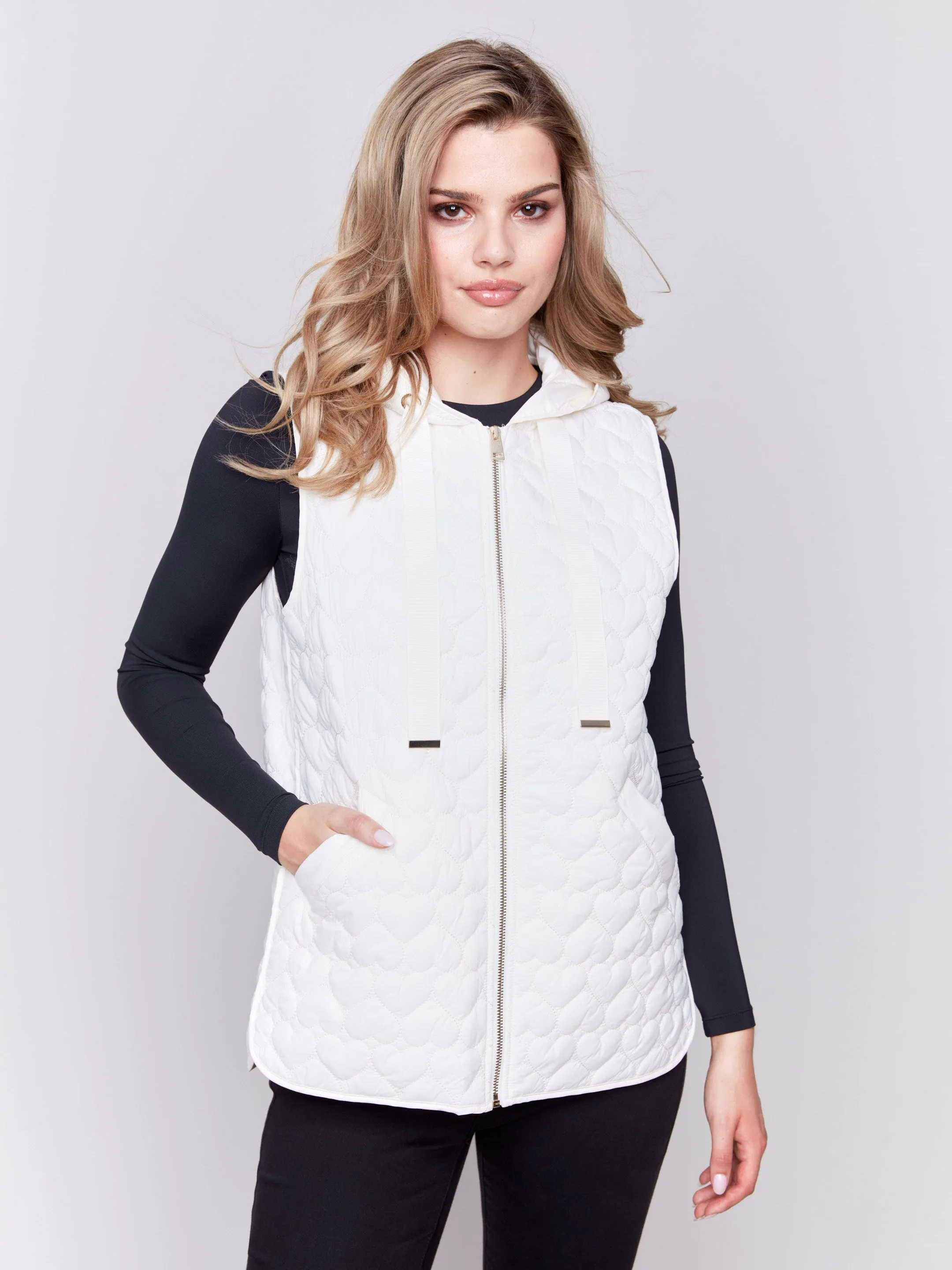 Short Quilted Puffer Vest with Hood - Ecru