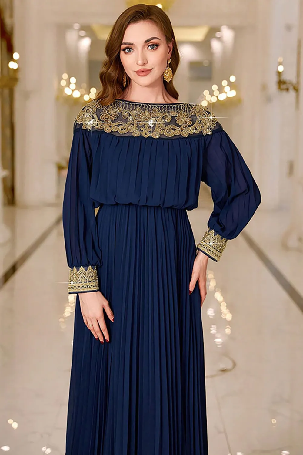 Sparkly Navy Sheath Pleated Maxi Dress with Long Sleeves