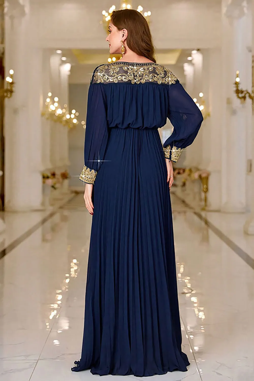 Sparkly Navy Sheath Pleated Maxi Dress with Long Sleeves