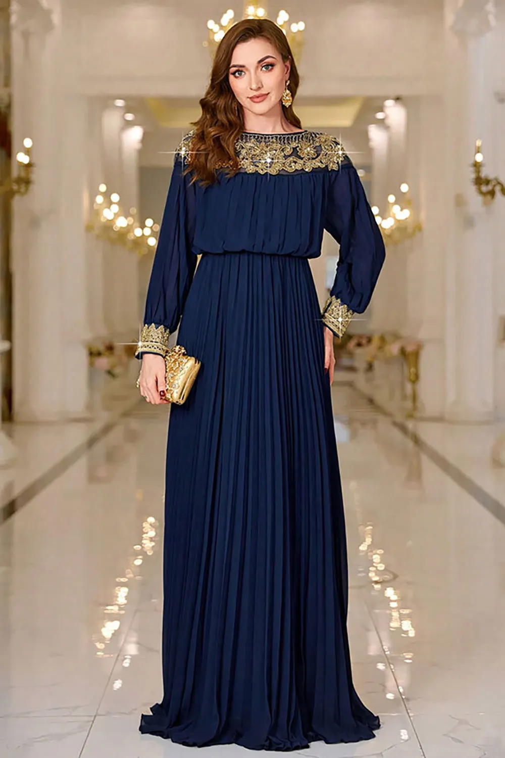 Sparkly Navy Sheath Pleated Maxi Dress with Long Sleeves