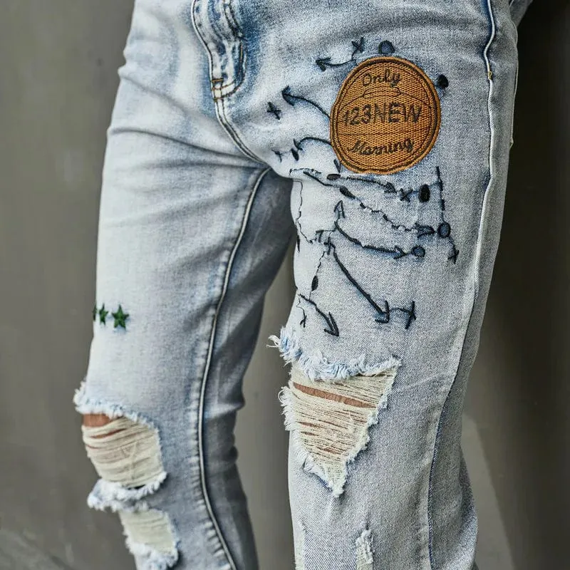 Stylish Men's Ripped Embroidery Skinny Pencil Jeans Pants Casual Denim Trousers