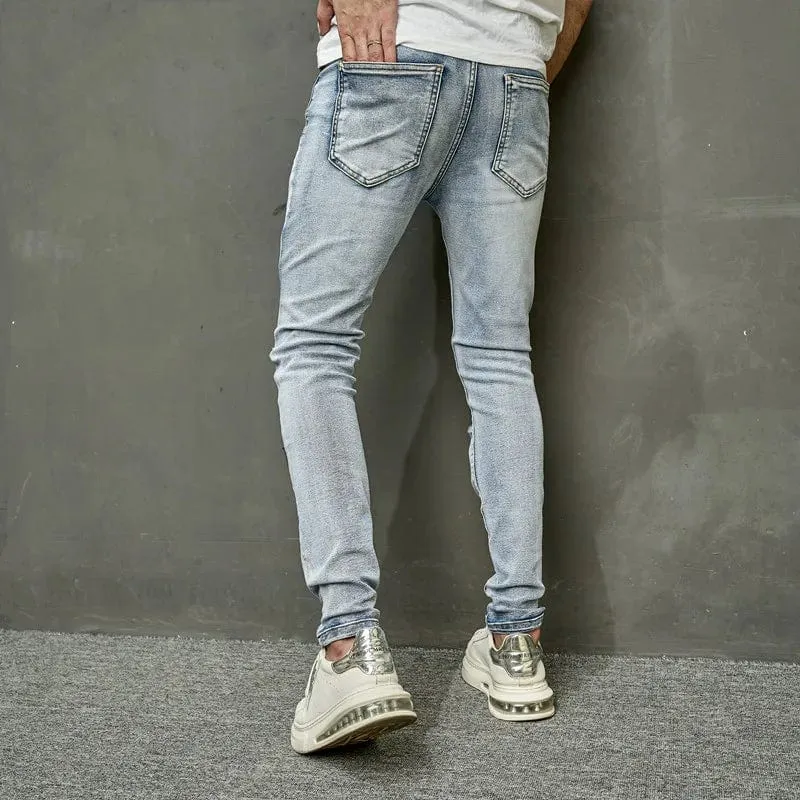 Stylish Men's Ripped Embroidery Skinny Pencil Jeans Pants Casual Denim Trousers