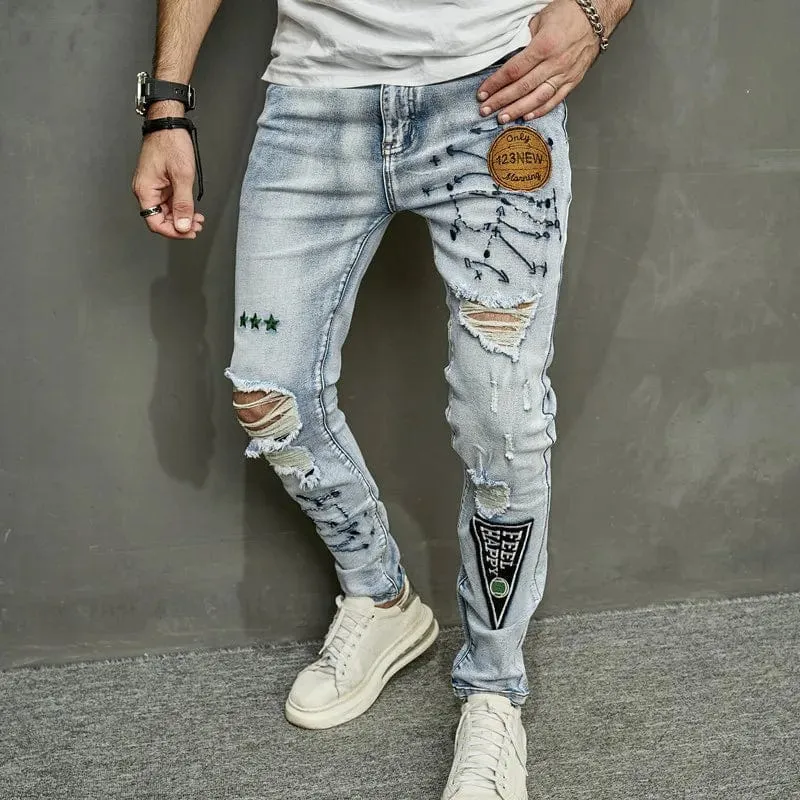 Stylish Men's Ripped Embroidery Skinny Pencil Jeans Pants Casual Denim Trousers