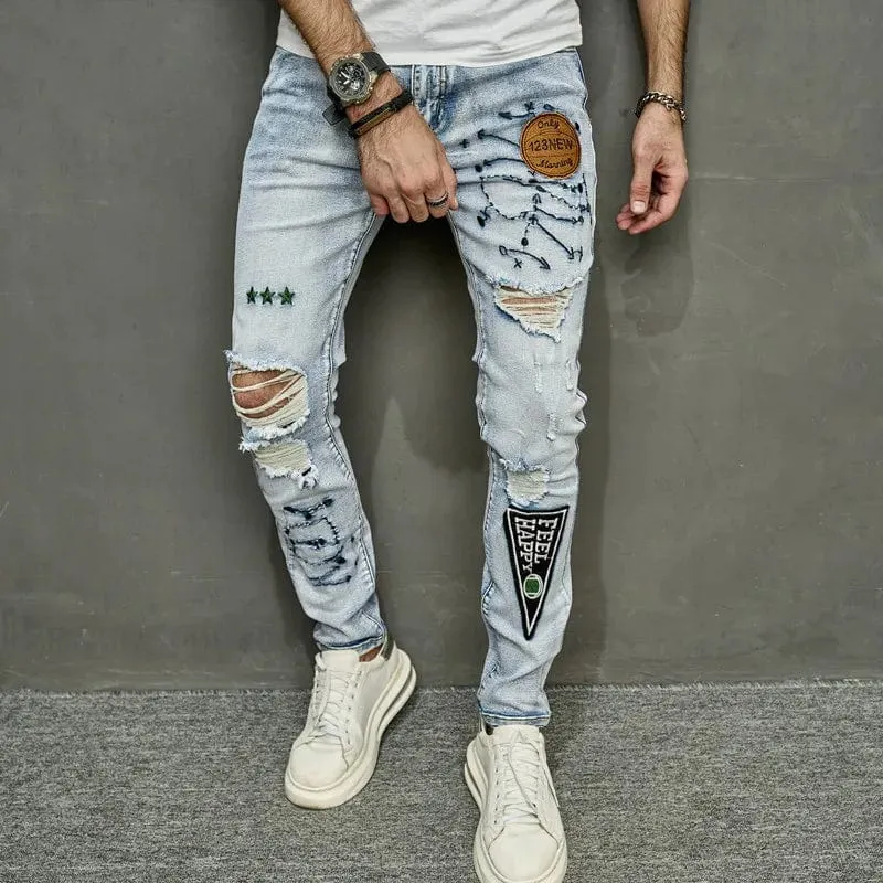 Stylish Men's Ripped Embroidery Skinny Pencil Jeans Pants Casual Denim Trousers