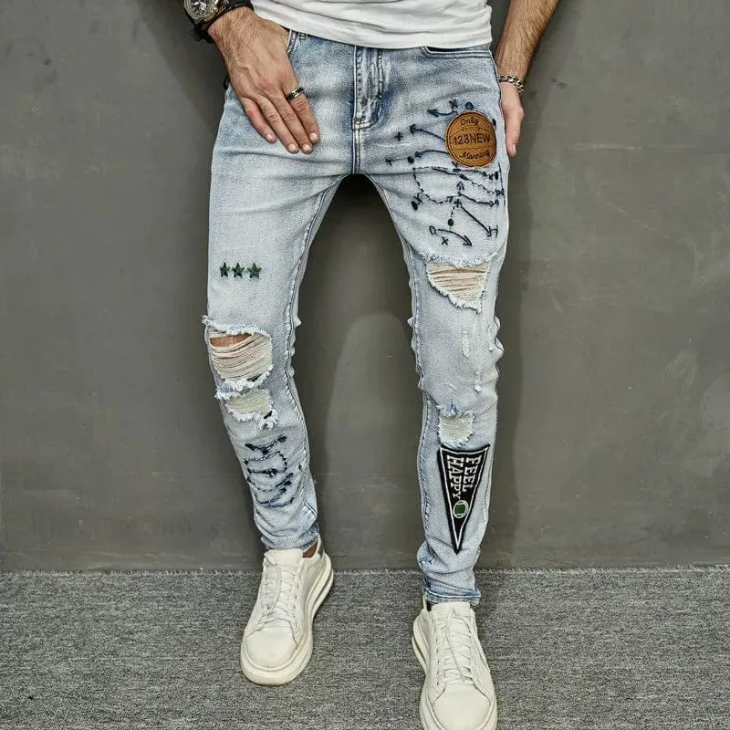 Stylish Men's Ripped Embroidery Skinny Pencil Jeans Pants Casual Denim Trousers