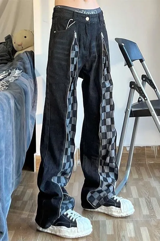 Stylish Personality Chequered Patchwork Jeans