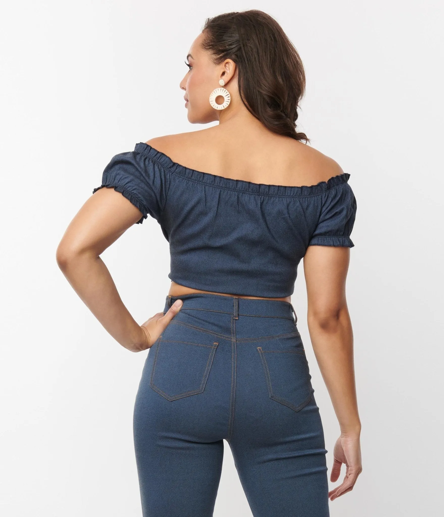 Unique Vintage Denim Puff Sleeve Off the Shoulder Crop Top