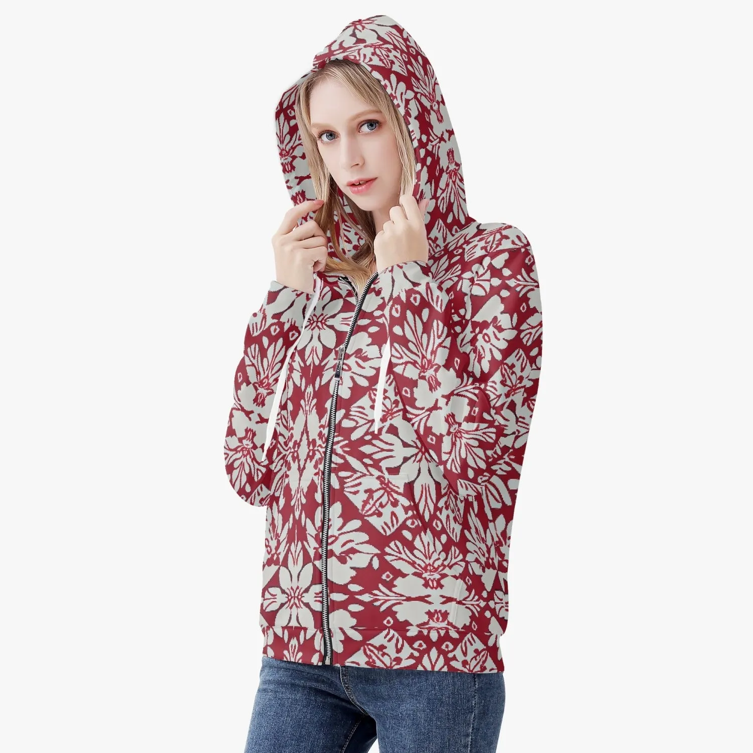 Veste à capuche zippée AOP pour femme "Rouge, fleurs blanches" (221)