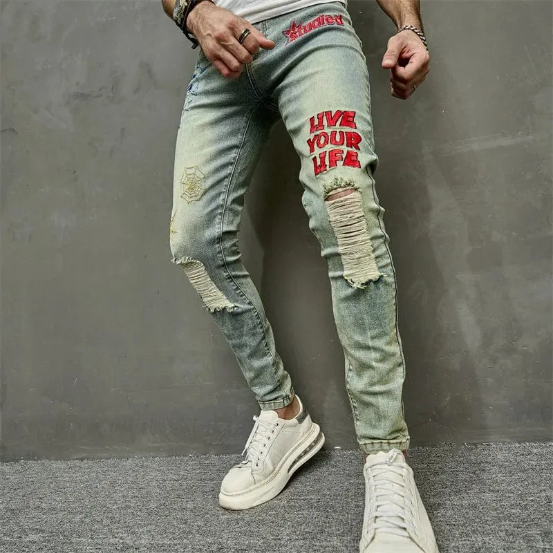 Vintage Men's Stylish Embroidery Ripped Hip Hop Pencil Stretch Denim Jeans