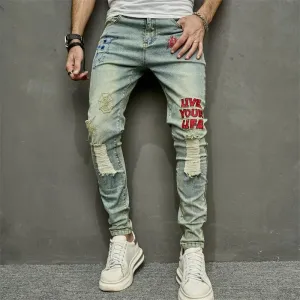 Vintage Men's Stylish Embroidery Ripped Hip Hop Pencil Stretch Denim Jeans