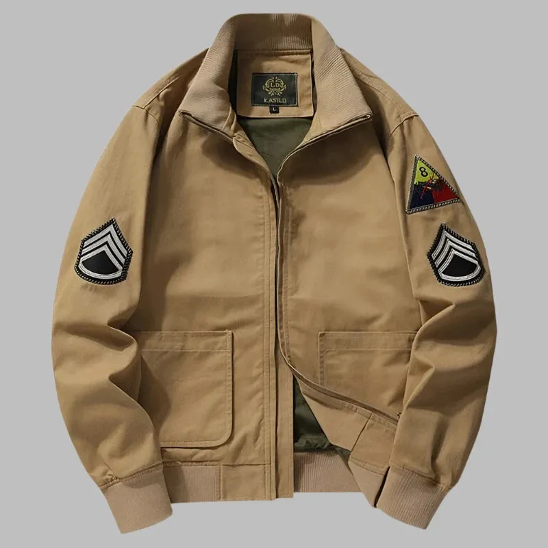 Vintage Oversized Military Bomber Coat with Embroidered Shoulder Patch - Men's Tanker Jacket