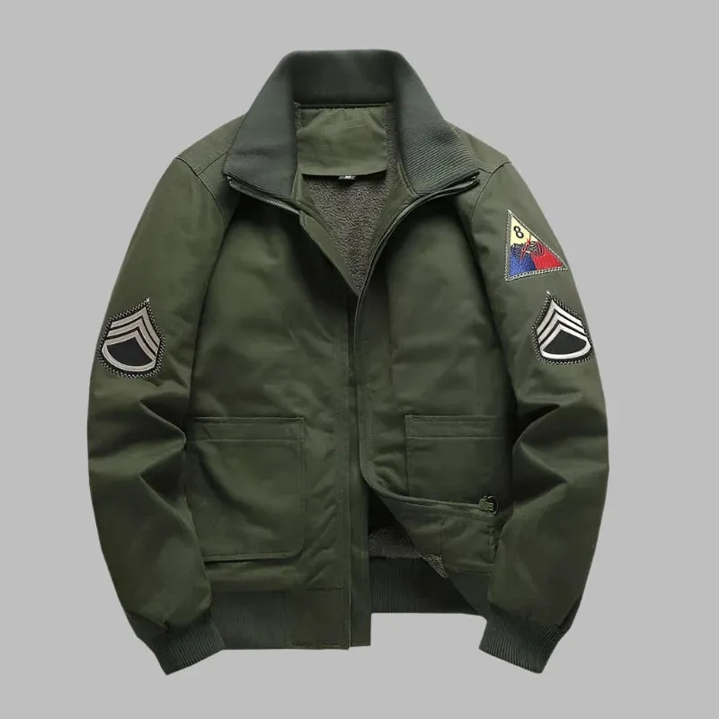 Vintage Oversized Military Bomber Coat with Embroidered Shoulder Patch - Men's Tanker Jacket