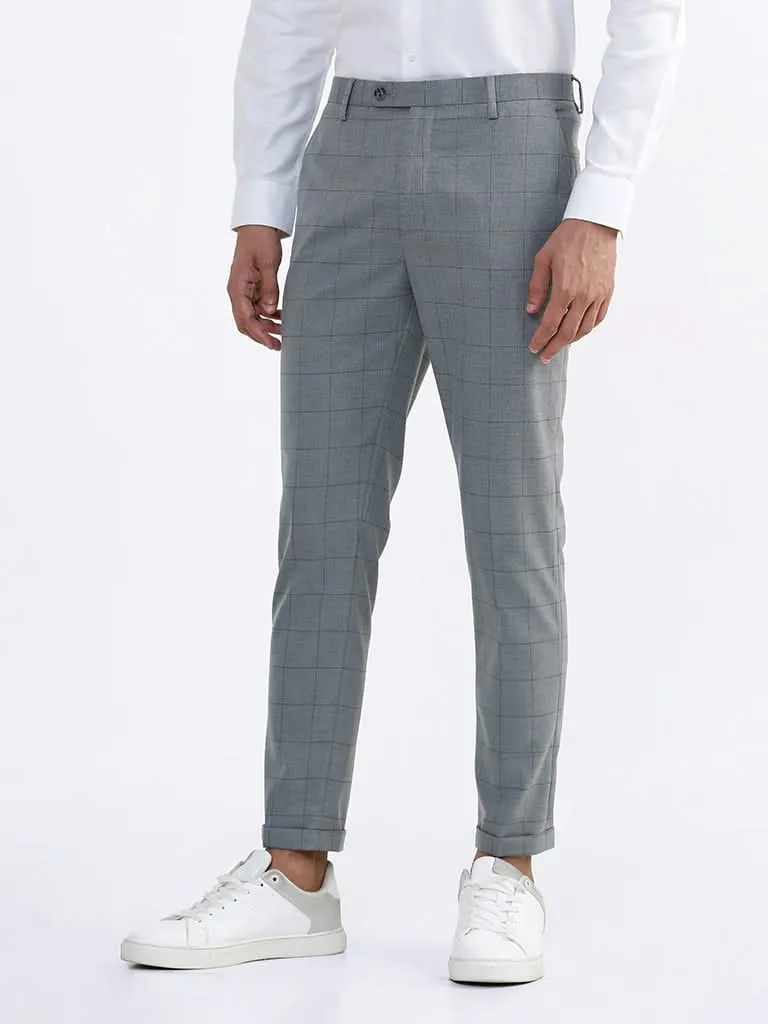 WES Formals Checked Grey Slim-Fit Mid-Rise Trousers