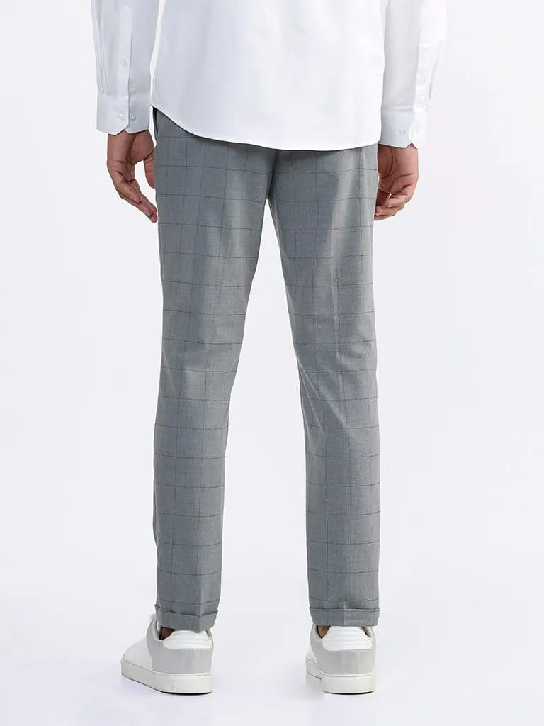 WES Formals Checked Grey Slim-Fit Mid-Rise Trousers