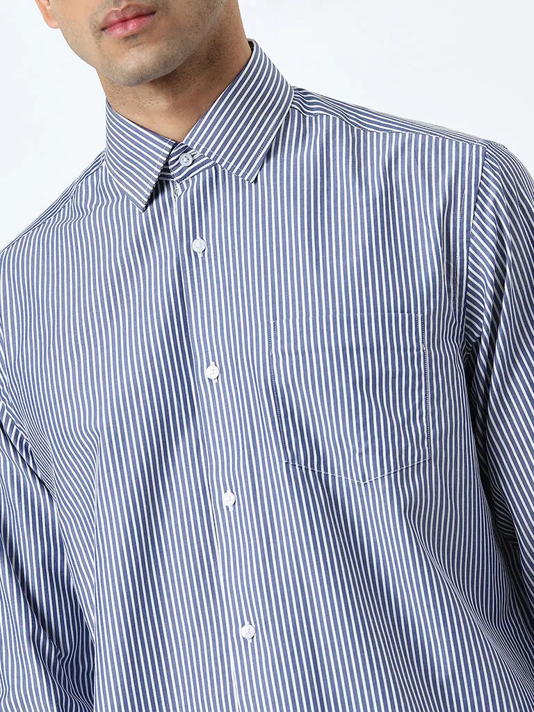 WES Formals Light Navy Striped Relaxed-Fit Shirt