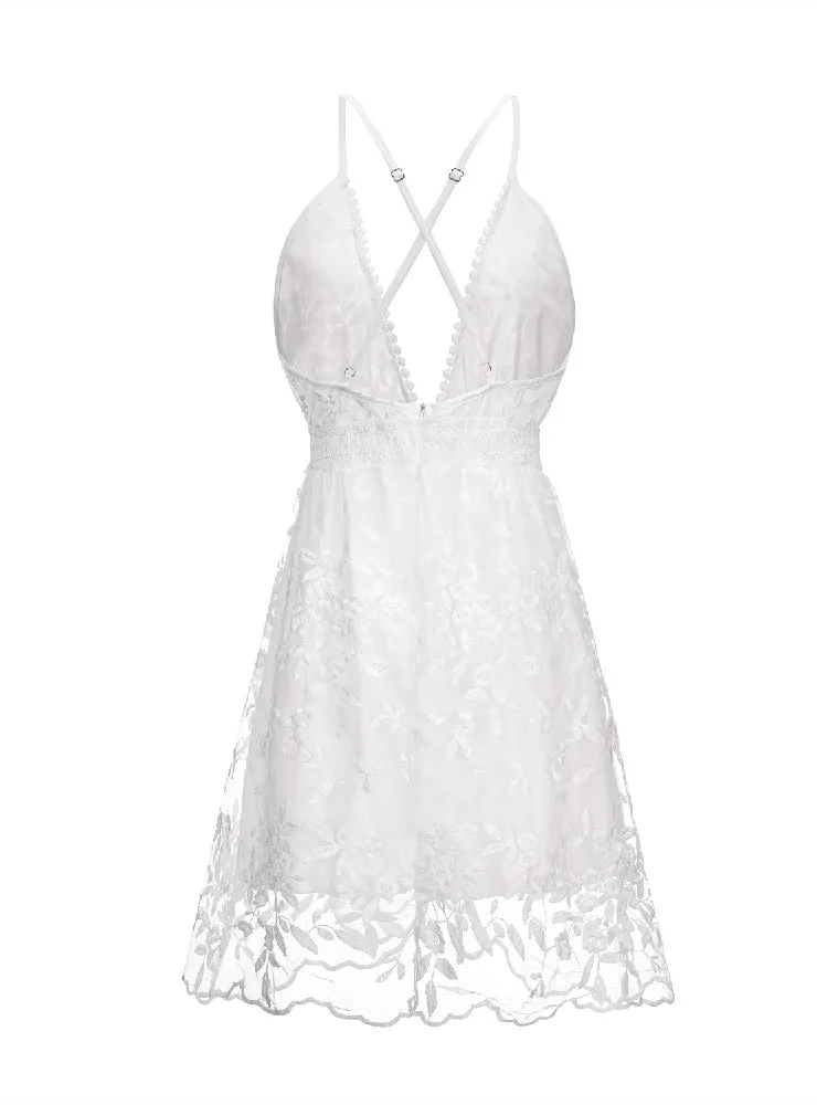 White solid Backless   Lace Mini dress