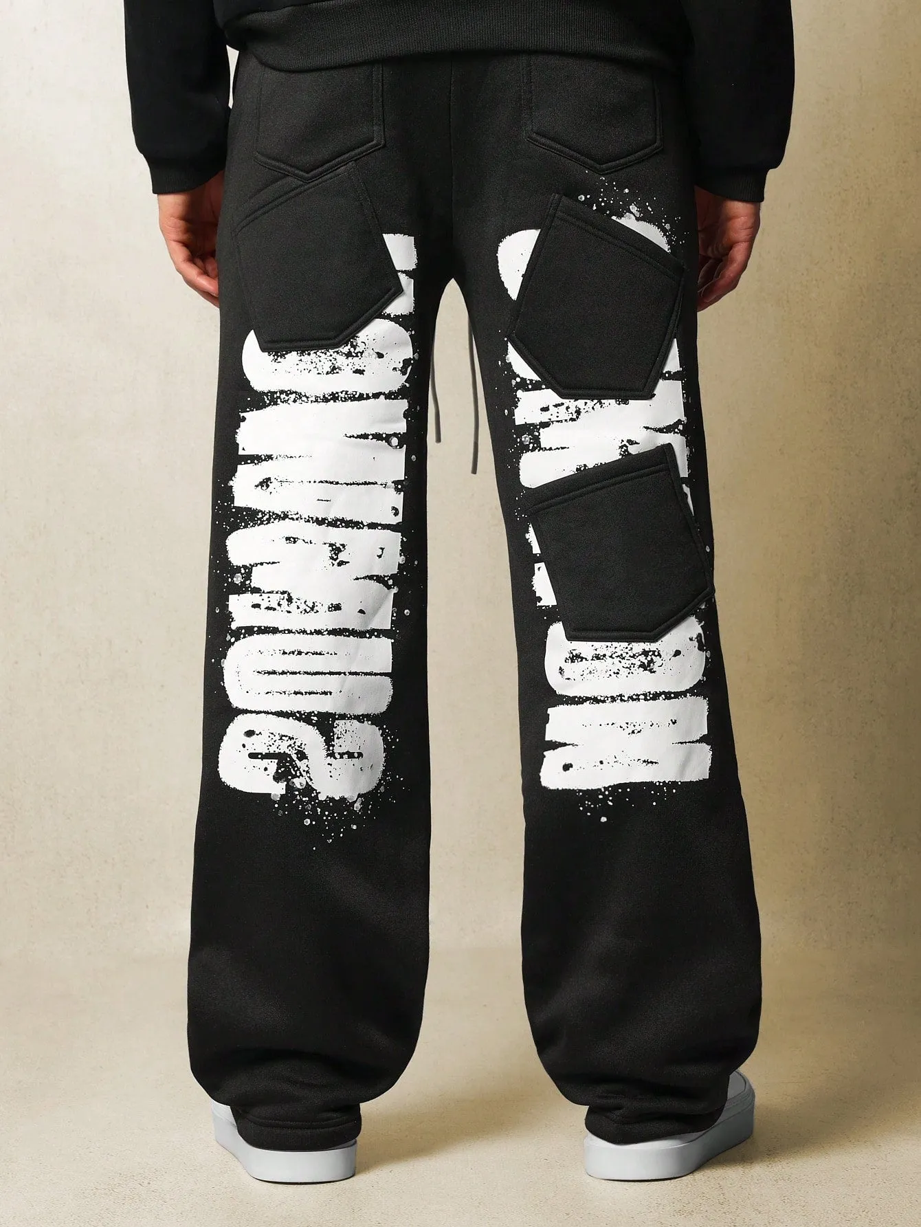 Wide Leg Drop Crotch Sweatpants With Multi Pocket At The Back & Graphic Print