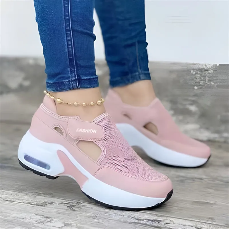 Women Solid Color Wedge Platform Hollow Mesh Breathable Sneakers