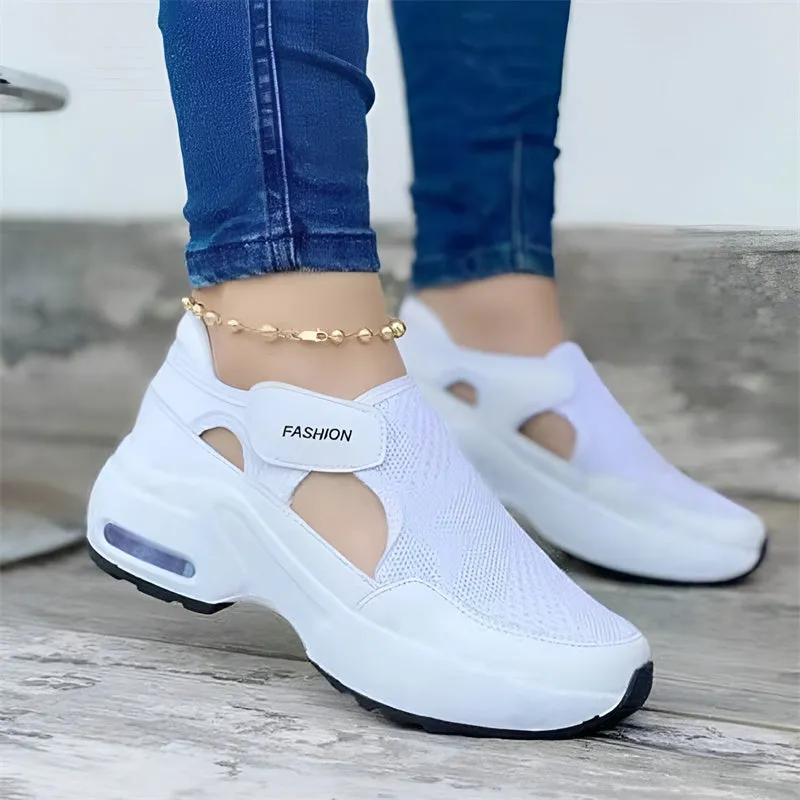 Women Solid Color Wedge Platform Hollow Mesh Breathable Sneakers