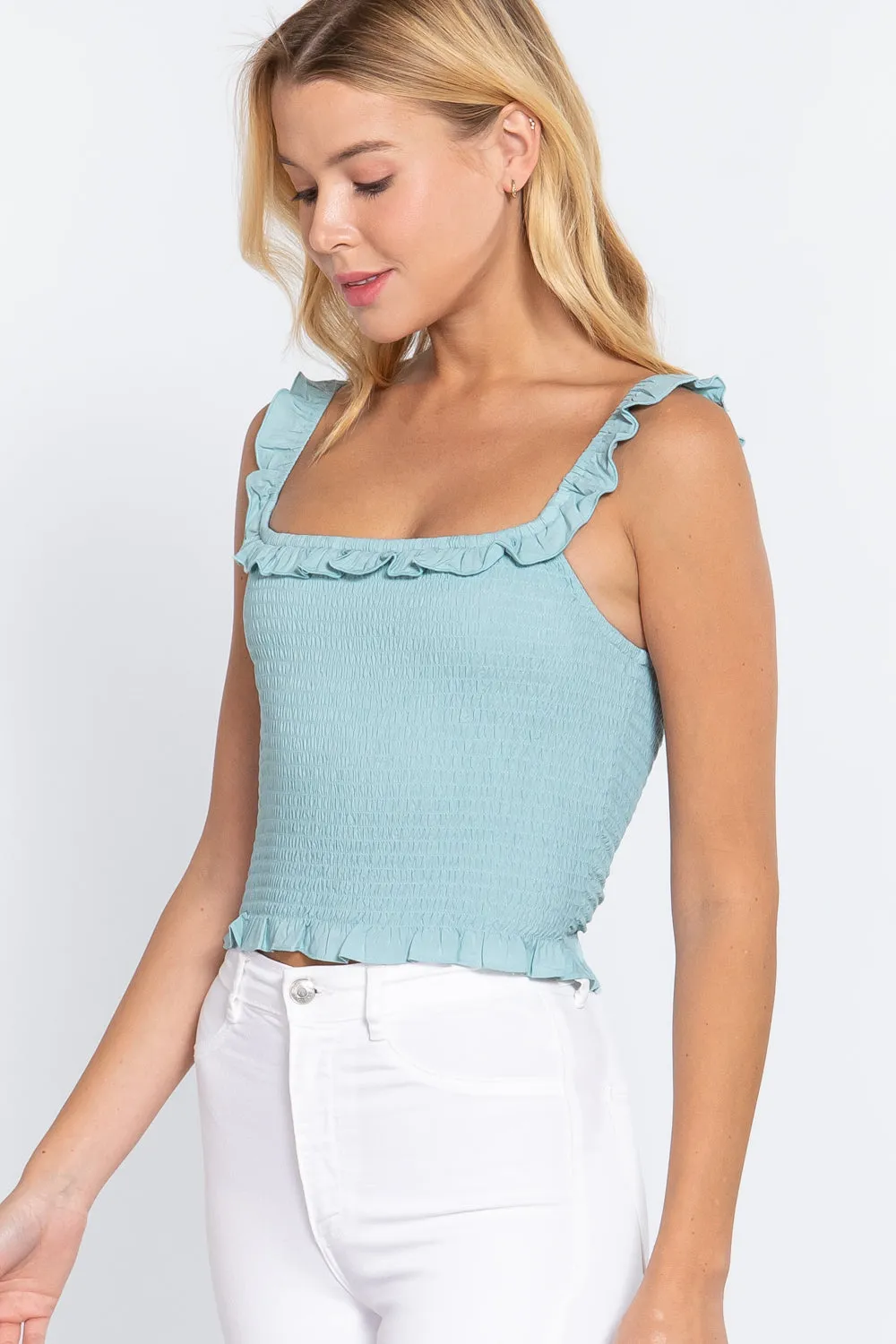 Women's Smocking Ruffle Cami Woven Top